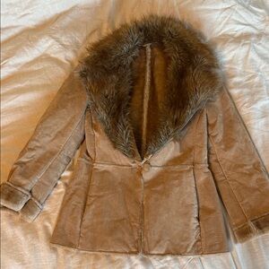 St. John's Bay Suede/Leather Tan Teddy Jacket with Faux Fur Collar S